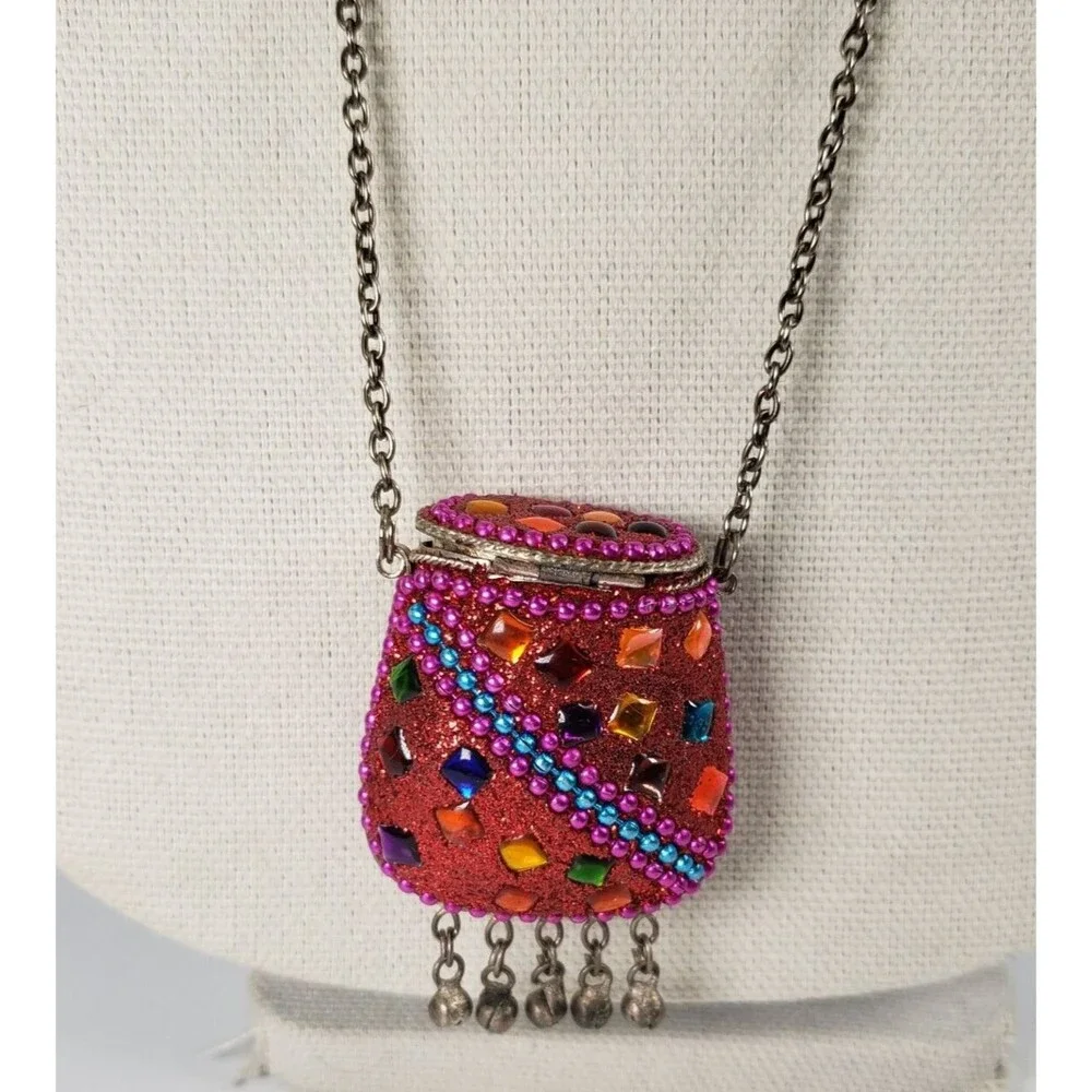 Vintage Tibetan Metal Cash Pill Stash Pouch Red Amulet Tincture Dangler 32" RARE - Picture 5 of 15